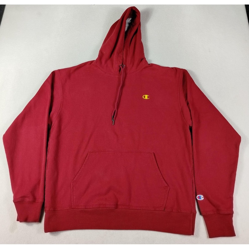 Champion Hoodie Mens Large Red Pullover‎ Fleece Sweatshirt Embroidered Logo